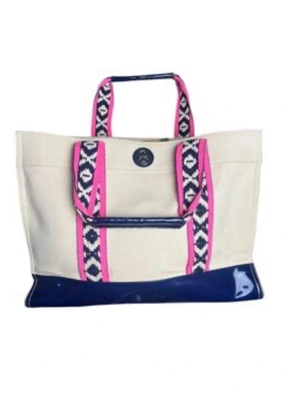 Canvas Tote Bag with Pink & Navy Accents In Great Condition